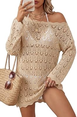 Arach&Cloz Women's 100% Cotton Crochet Cover Up Long Sleeve Off Shoulder Open Knit Oversized Boho Sw...