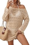 Arach&Cloz Women's 100% Cotton Crochet Cover Up Long Sleeve Off Shoulder Open Knit Oversized Boho Swimsuit Beach Tunic Breathable Lightweight Vacation Resort Wear Fashion Tops Summer 2026 Apricot XL