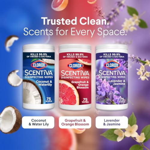 Image of Clorox Scentiva Disinfecting Wipes, Lavender and Jasmine, Grapefruit and Orange Blossom, and Coconut and Waterlily, 75 Count Each, Pack of 3 (Package May Vary)