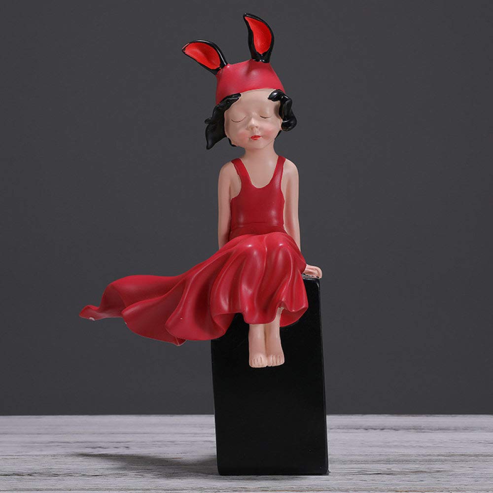 Statue fille assise en résine rouge aux finitions artisanales durables
