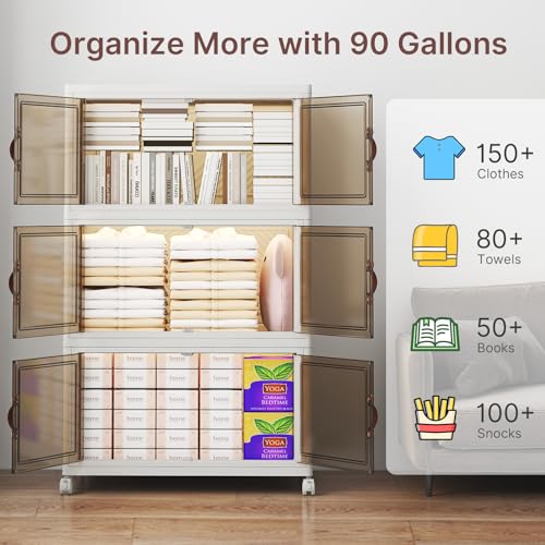 Image of UAMFURI Stackable Storage Bins with Lids, 360QT Closet Organizers, Lockable Storage Cabinet,Foldable Storage Box with Doors and Wheels, Plastic Drawers for Home, Garage, Office (3, White, Large)