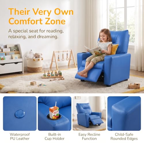 Image of 23 inch PU Leather Recliner Chair with Cup Holder and Recline, Blue