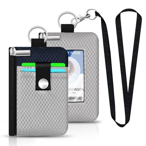 Image of Minimalist RFID Blocking Small Wallet with ID Window,WaterResistant Zip Id Case Wallet with Lanyard Keychain for Cards,Cash,Travel,Women,Men (Light gray /Dark blue)