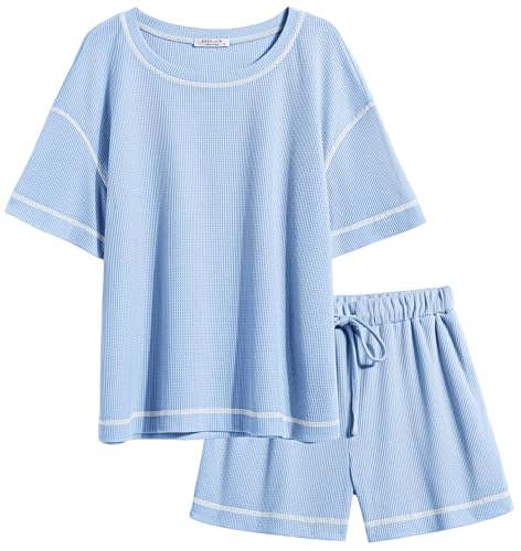 Image of Ekouaer Women's Waffle Knit Two Piece Lounge Set, Soft Matching Outfits for Daily Wear, Casual Shorts Set with Pocket