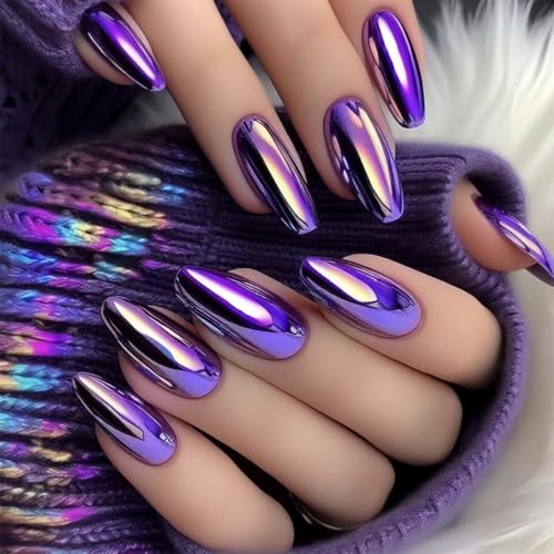 Chrome Press On Nails Medium Almond Fake Nails Purple False Nails...