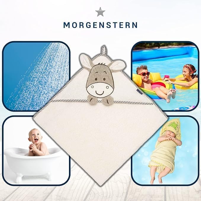 Morgenstern Kapuzenhandtuch Kinder Baby 100 x 100 cm Mädchen & Jungen 100% Baumwolle Frottee Oeko-TEX® Handtuch Badetuch Badehandtuch Esel