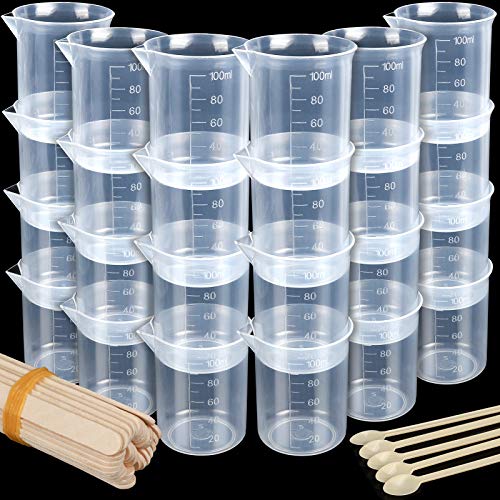 24 PCS 100ml Resin Measuring Cups for Resin Molds, LEOBRO Plastic Epoxy Resin Mixing Cups with 35 pcs Mixing Sticks, Graduated Epoxy Mixing Cup for Resin, for Jewelry Resin Casting Mold Silicone Molds