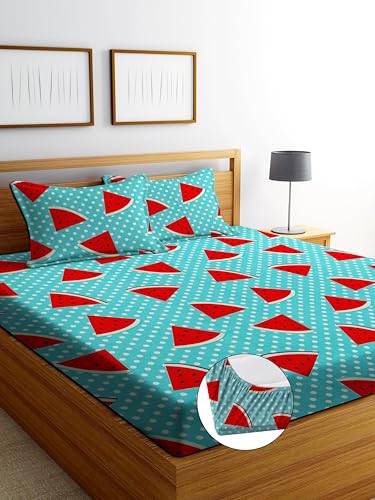 Image of DECORUM Glace Cotton Fitted 1 Bedsheet King Size (72 inchx78 inch) | All Around Elastic | Cotton Feel | 2 Pillow Covers (17 inchx27 inch) | Fits Up to 8 inch Mattress | 200-220 TC | Printed Double Bed Sheet Set