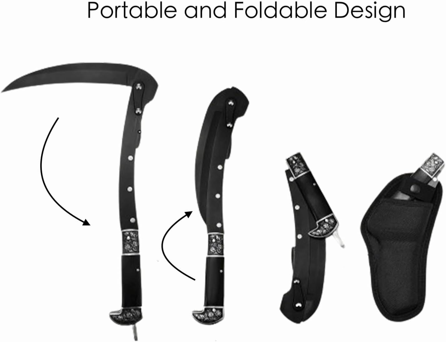 Folding Sickle, Two Section Foldable Scythe with Wooden Handle, Sheath, 2 Sections Foldable Sickle Knife, Weeder, Manual Garden Tool for Weeding Farming