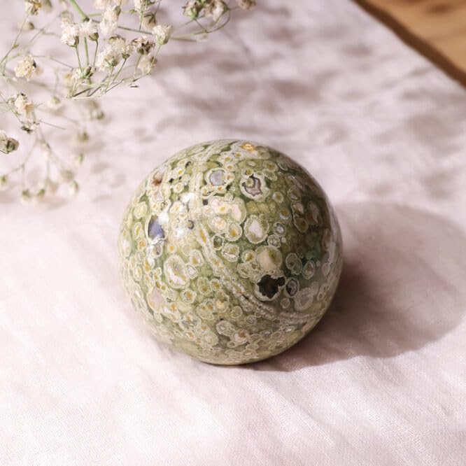 Image of Natural Rainforest Jasper Crystal Ball 180-200 Gm with Wooden Stand | Polished Healing Crystal Sphere for Reiki, Meditation, Feng Shui, Vastu Decor & Crystal Collection