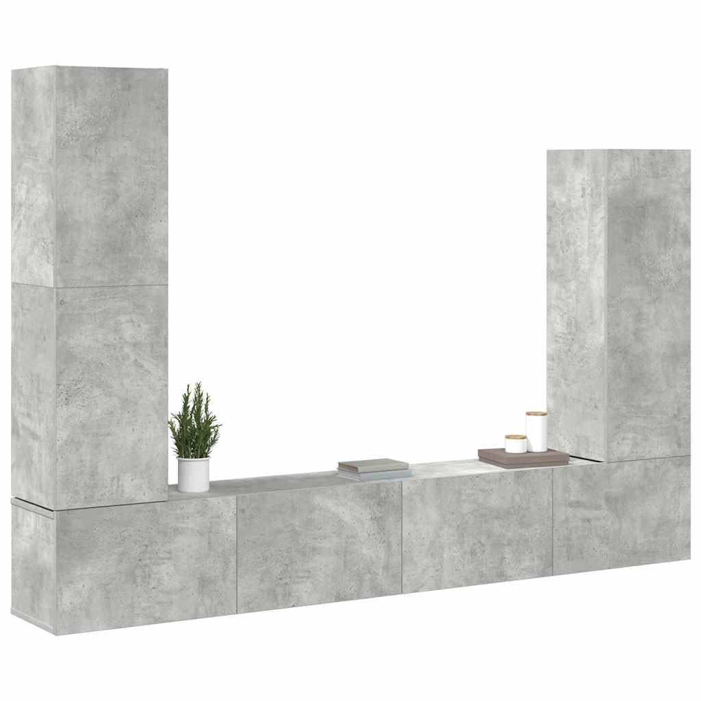 4-TLG. TV-Schrank-Set Betongrau, Holzwerkstoff, Wandmontage, Modernes Media-Center mit Stauraum, für Wohnzimmer und Schlafzimmer, 110/90/30 cm