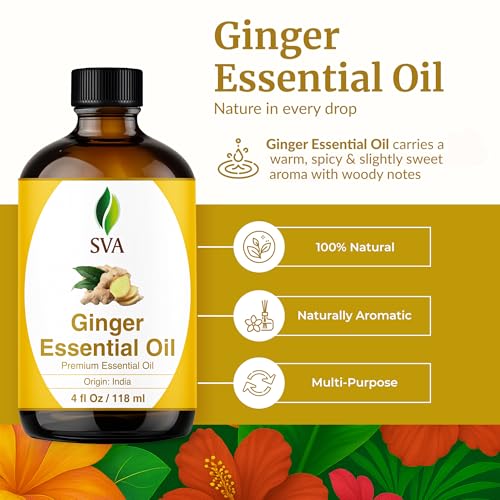 Image of SVA Ginger Essential Oil 4 Fl Oz - for Diffuser, Skin & Hair Care - Ideal for Massage & DIY Blends - with Dropper