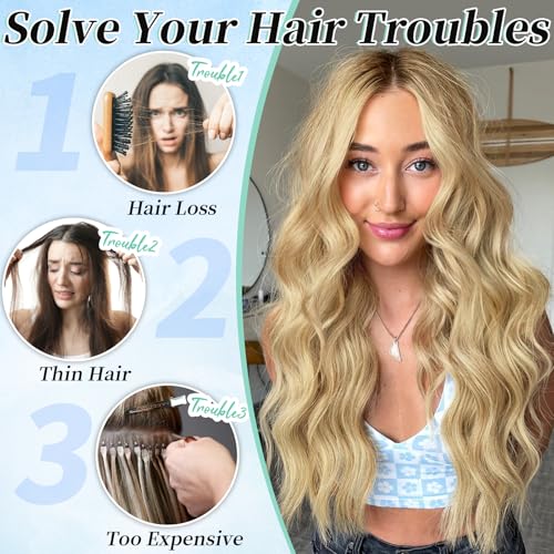 Image of KooKaStyle Wavy Thick Clip in Hair Extensions 20 inch Golden Blonde for Daily | 4 Pieces Clip in Extensions,Fiber Double Weft Hairpieces,Natural Volume & Soft,Wave Long Synthetic Hairpieces for Women