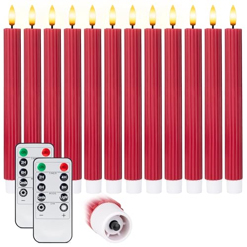 Image of 10 inch Fluted Ribbed LED Red Grooved Pillar Candles, Remote & 24h Timer Memory, On /Off Switch - Flameless Dimmable Battery Operated w /Flicker Mode, Home Wedding Decor (12 Pack)