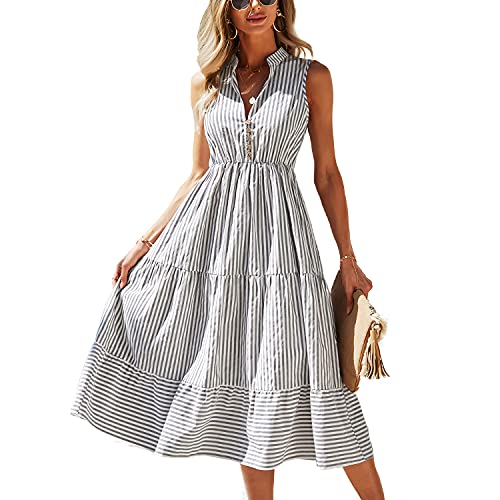 BROVAVE Womens 2025 Summer Sleeveless Shirt Dress Collar Striped V Neck Casual Midi Dresses