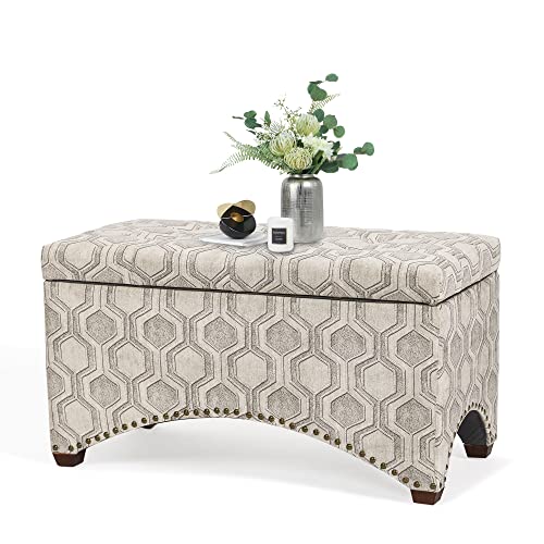 Adeco 29.8 Inch Fabric Storage Ottoman Bench Footstool,Nailhead Trim Upholstered Entryway Storage Benches,Rectangular End Of Bed Bench With Wooden Legs For Bedroom Living Room (Beige) #TOP13