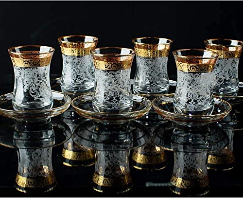 Vissmarta Gold Turkish Tea Glasses Cups Saucers Set Of 6 For Women Serving Drinking Decorative Gift Party Wine Vintage Tray Glassware Teapot Kettle Style Teacups Adults Fancy Moroccan Persian #TOP5
