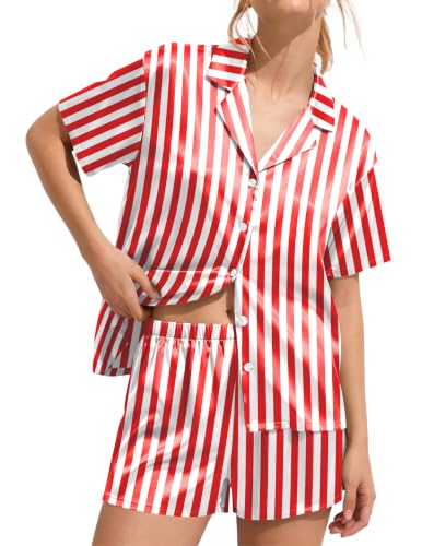 Image of Ekouaer Womens Satin Pajama Set Short Sleeve Sleepwear Button Down Pjs
