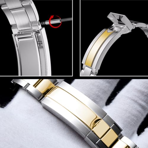 Image of Juntan Screw-in Stainless Steel Watch Band 20mm 21mm 22mm for Men Women, Curved End Straight End Metal Watch Strap with Oyster Buckle, Taperd Replacement Jubilee Bracelet Silver Gold