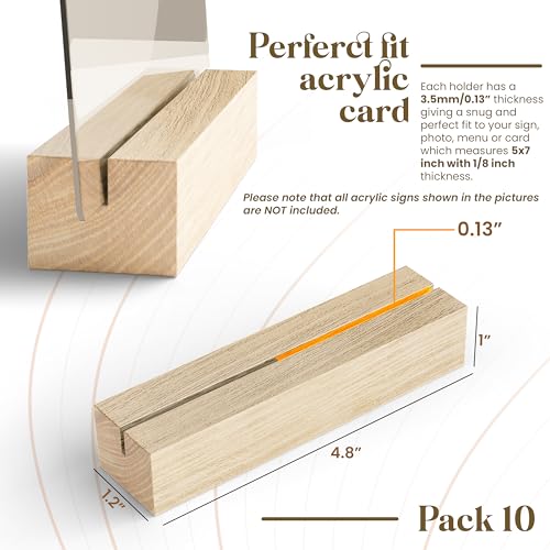 Tidita Place Card Holder 4.8x1.2x1- Wood Acrylic Sign Holders 10 Pack - Oak Wood Table Card Display Stands, Perfect for Table Number Signs, Wedding Party Events (Natural Color Pack10)