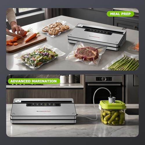 Image of Bonsenkitchen Vacuum Sealer Machine with 1 Roll & 5 Airtight Bags, 5 Vacuum Modes, 80 kPa Powerful Suction, Built-in Cutter & Bag Storage - Silver