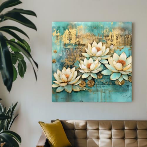 Image of PAINTINGMANTRA White Lotus Flower Canvas Wall Art Painting for wall decoration, Lotus floral Stretched Canvas Painting for living room, bedroom, Home and Office, 22x22 Inch