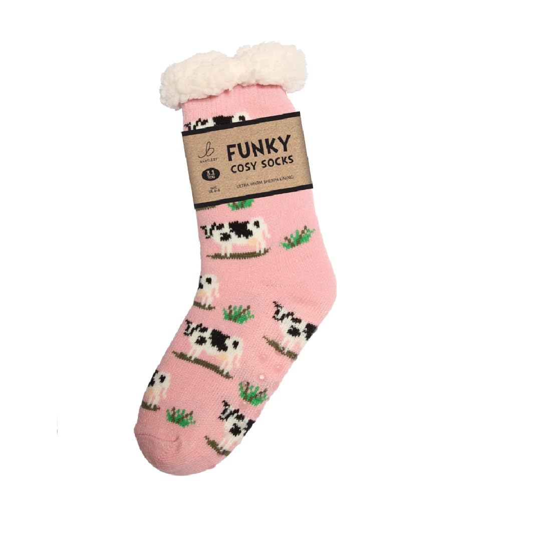 Bartleby Adult Funky Cosy Sherpa Slipper Socks Ultra Warm Pink Cow Design