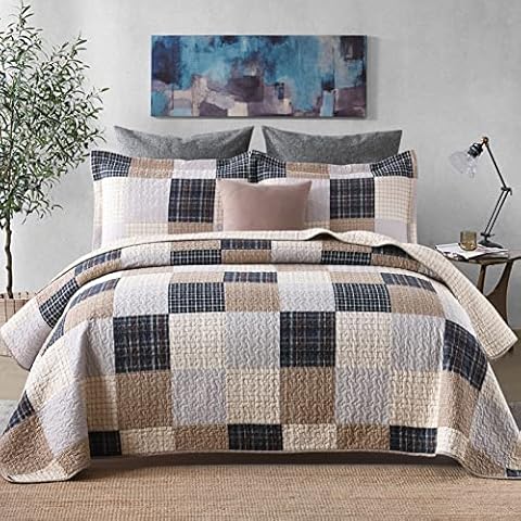 Finlonte Queen Quilt, 100% Cotton Quilts Queen Size, Brown Plaid Farmhouse Queen Quilt Set, Lightweight Soft Summer Queen Size Bedspreads for All Season, 3 Piece Cover