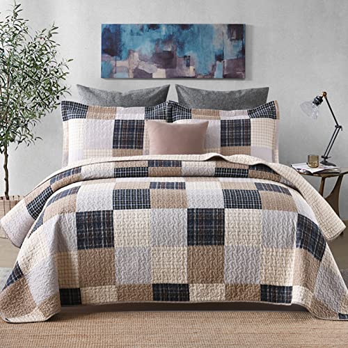 Image of Finlonte Quilt - 100% Cotton Queen Size Bedspreads, Brown Plaid, Lightweight, 3-Pieces