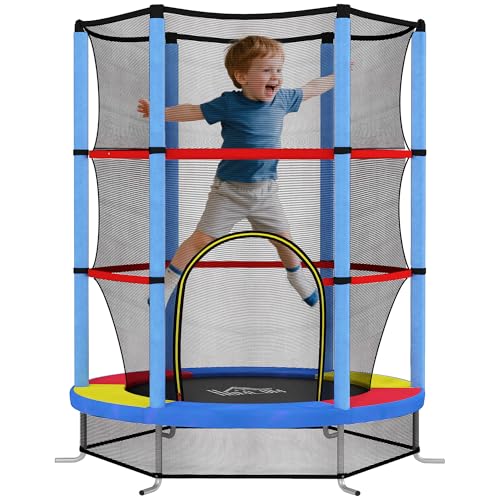 HOMCOM Trampoline pour Enfant Ø 1,40 x 1,90H m Filet de sécurité Porte zippée 6 poteaux rembourrés Inclus Charge Max. 45 kg Multicolore