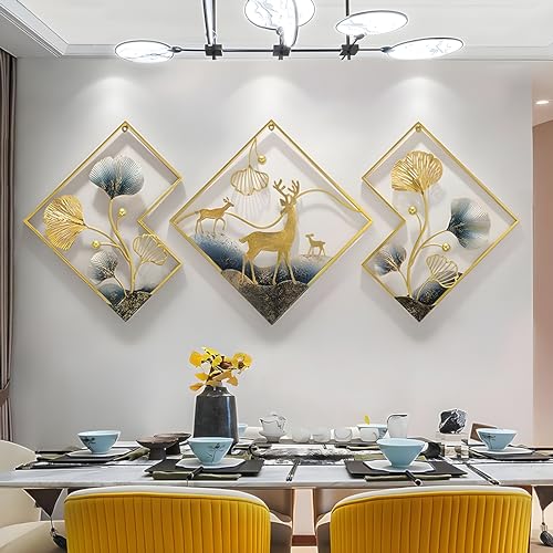 Deer Metal Wall Decor Gold Wall Art 3 Piece Large wall Art Wall Decor 3D Ginkgo Leaf 78x27inch Aesthetic Wall Art for bedroom Office Dining Room Living Room