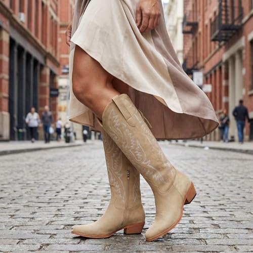 Image of Uillnoodu Wide Calf Cowboy Boots Women Adjustable Lace Up Knee High Tall Plus Size Cowgirl Boots Western Style Comfortable 2-Inch Heel