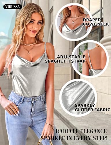 VIDUSSA Women's Shimmer Camisole Tops Cowl Neck Sleeveless Sparkle Blouses Summer Tank Shirt2