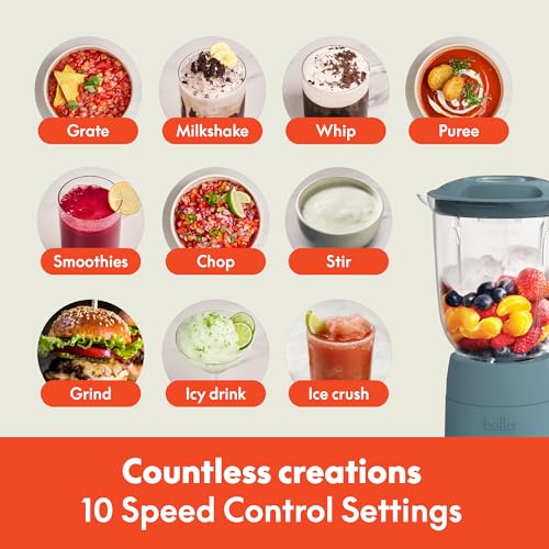 Image of bella 10 Speed Countertop Blender, Juicer & Smoothie Maker, Fits-anywhere Kitchenware, Slim Flip & Store Design, Dishwasher Safe 48oz Capacity Pitcher & Lid, Stainless Steel Blade, 450 Watt, Surf