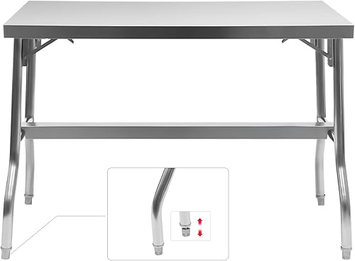 Miniatura 6 de Mesa de preparación de cocina comercial de 48 x 24 pulgadas, mesa plegable de acero inoxidable, mesa de trabajo resistente con patas ajustables para