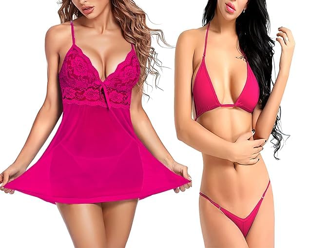 louryn koulyn Women Babydoll Lingerie Set for Honeymoon for Woman Thongs | Night Dress Above Knee Baby Doll Night Dress | Transparent Hot-picture-18