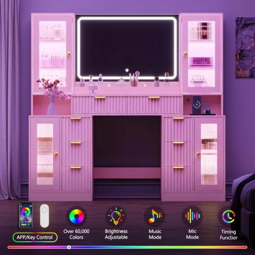Image of 55 inch Makeup Vanity Desk with Mirror and Lights, Glass Top, Pink | Built-In Charge Station, 8 Drawers Large Storage, RGB Glass Cabinets & LED Mirror, Perfect Bedroom Vanity for Women & Girls