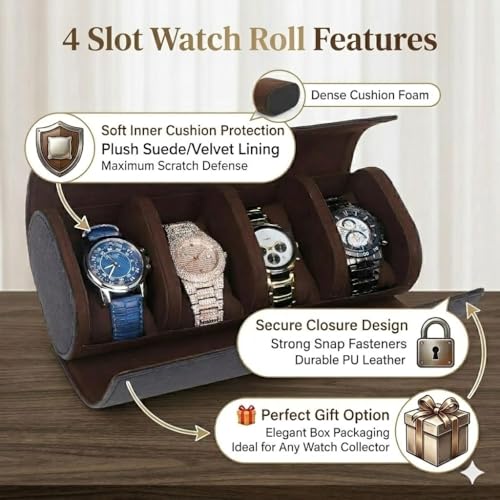 Image of essart Travel Watch Roll Case 4 Slots - Portable Luxury Watch Organizer & Storage Box for Men & Women