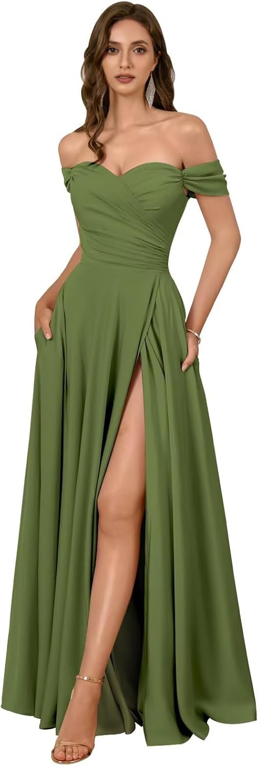 Satin Bridesmaid Dresses Long for Women Off The Shoulder Prom Dresses with Slit A L...