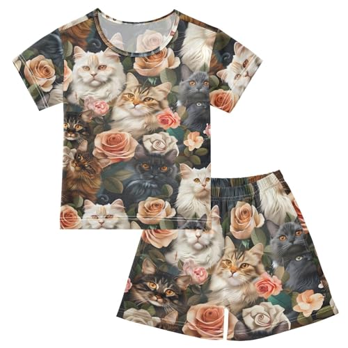 ALAZA Beautiful Cat Rose Pajamas Short Sleeve 2 Piece Sleepwear Top and Bottom Pajama Set Unisex