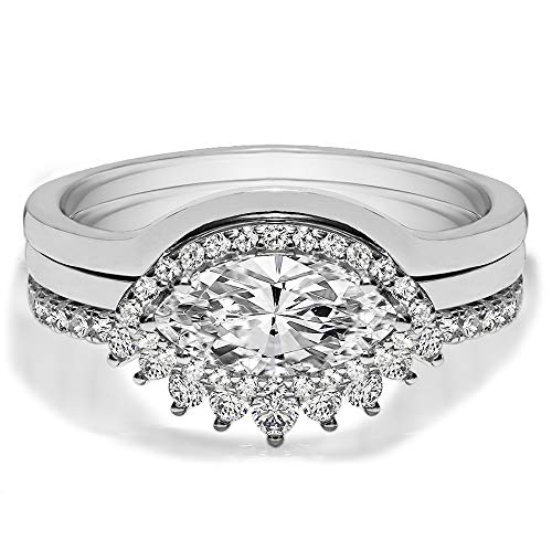 TwoBirch 18k White Gold Microplated East West Marquise Three Ring Bridal Set with Plain Contour Band and Tiara Prong Style Curved Ring (925 Silver, Sizes 7, 8, 9)
