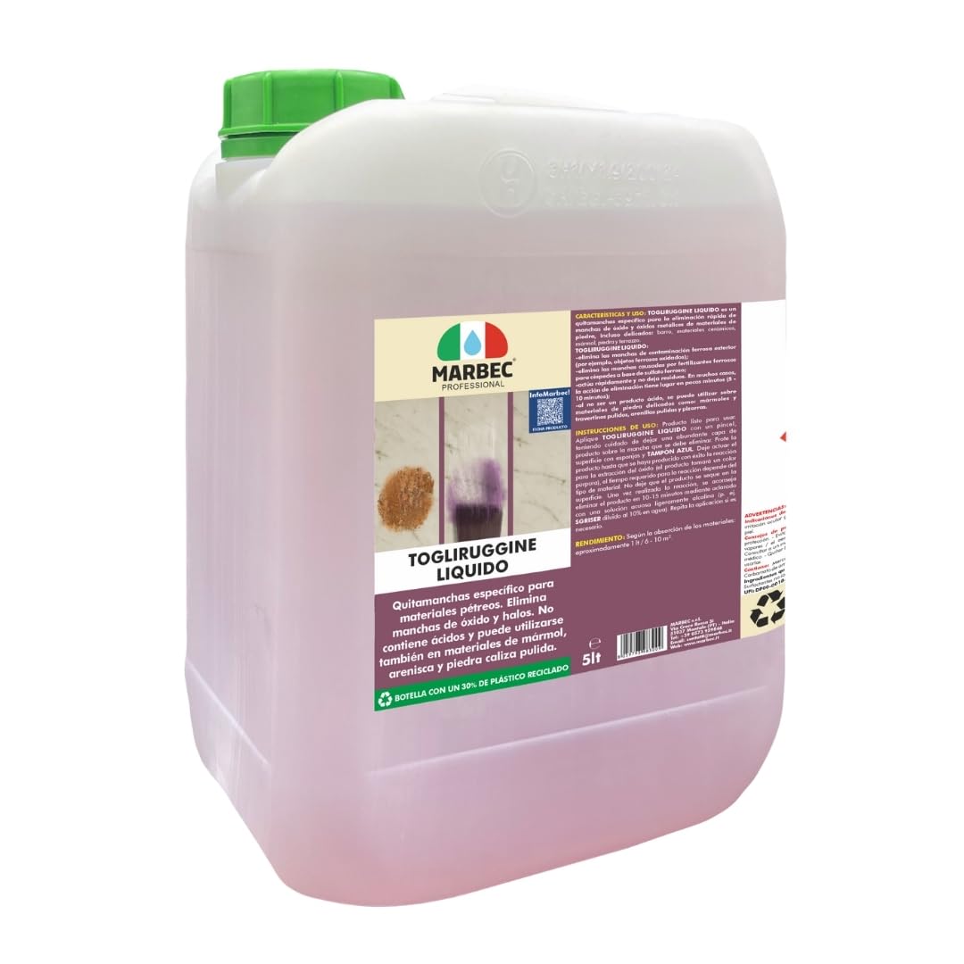 MARBEC TOGLIRUGGINE LIQUIDO 5LT Quitamanchas específico para la eliminación de manchas de óxido, óxidos metálicos y fertilizantes ferrosos de suelos y revestimientos