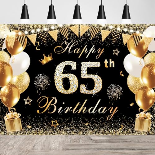 65 Años Decoración de Fiesta de Cumpleaños,Oro Negro Grande Póste, Decoración de Cumpleaños Photocall Pancarta Feliz Cumpleaños 65 años Dorado para Fiesta de Cumpleaños, Tamaño Perfecto 185x110 cm