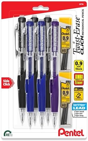 Pentel Twist-Erase Click Mechanical Pencil, (0.9mm), Pack of 6 Pencils with 2 Pack of Lead Refills (PD279TLBP6M)