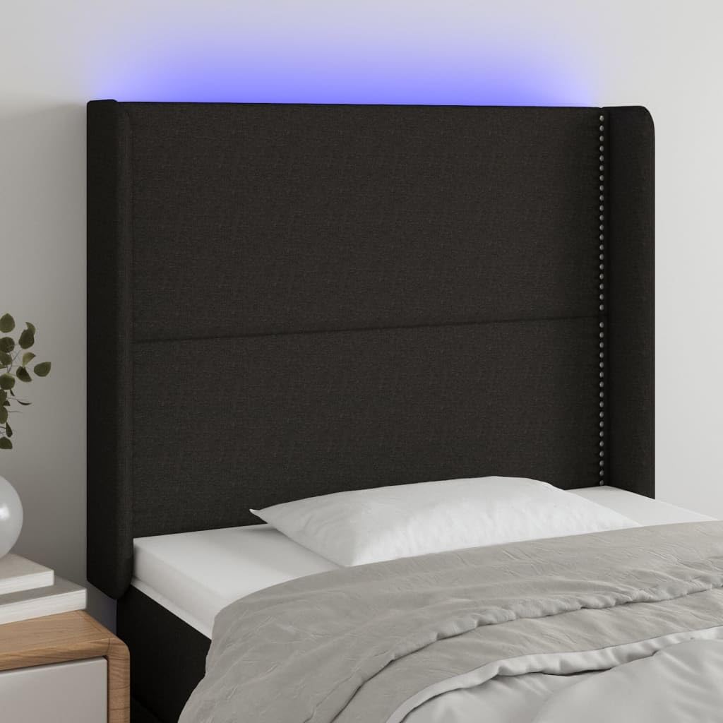 Testiera del letto con LED nero 93 x 16 x 118/128 cm tessuto con altezza regolabile e striscia di taglio a LED