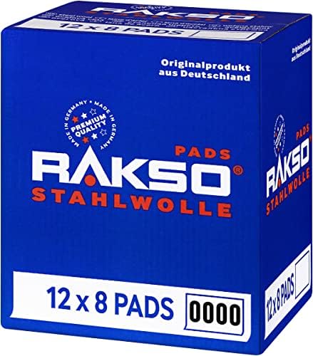 RAKSO Stahlwolle extrafein 0000-96 Pads - 12x8 Stk. - poliert gewachstes Holz, Kupfer, Messing, mattiert Oberflächen, säubert Glas