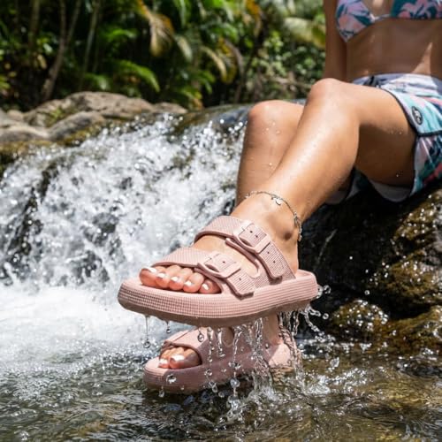 Image of CUSHIONAIRE Fame Pillow Recovery Sandals for Women, Adjustable Double Buckle Waterproof EVA Cloud Slides for Women