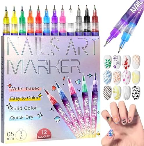 12 Colors Nail Art Pens Set, 2026 New Nail Art Markers Polish Pen for 3D Nail Art, 0.5mm Quick Dry Nail Polish Pens for Drawing, Painting & Dotting, DIY Nail Art Pen Set for Manicure Design Tools