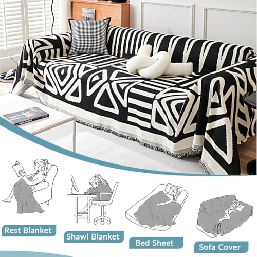 Housse de canapé universelle 180x300cm noir boho en coton