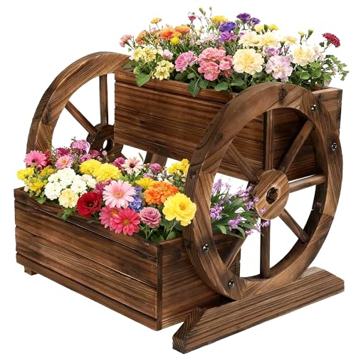 NestNature Wooden Wagon Planter Box|Raised Garden Bed W/Wheels for Plants